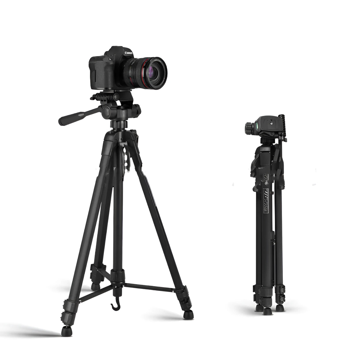 Black aluminium alloy tripod head set with mobile phone stand, compatible with Apple and Weifeng WT-3560, 2-5 kg load.