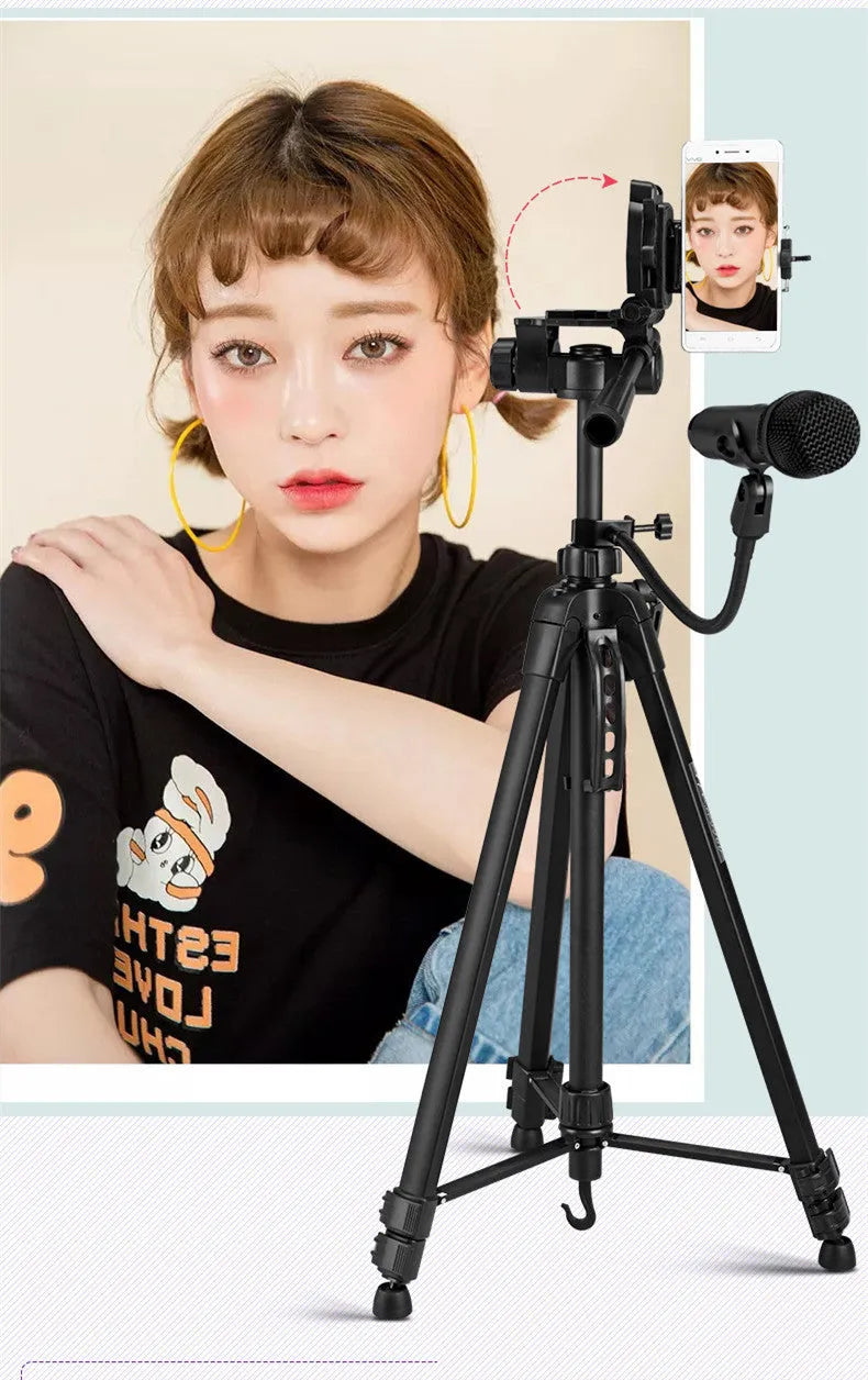 Black aluminium alloy tripod head set with mobile phone stand, compatible with Apple and Weifeng WT-3560, 2-5 kg load.