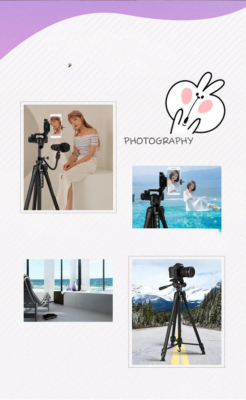 Black aluminium alloy tripod head set with mobile phone stand, compatible with Apple and Weifeng WT-3560, 2-5 kg load.