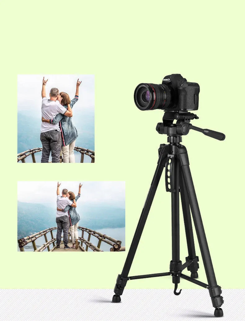 Black aluminium alloy tripod head set with mobile phone stand, compatible with Apple and Weifeng WT-3560, 2-5 kg load.