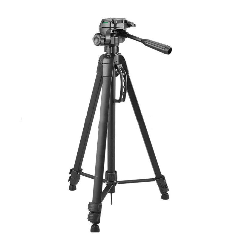 Black aluminium alloy tripod head set with mobile phone stand, compatible with Apple and Weifeng WT-3560, 2-5 kg load.