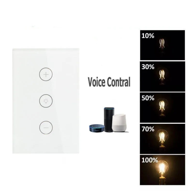 120 type smart wifi dimmer switch in black or white with tempered glass touch panel and plug options