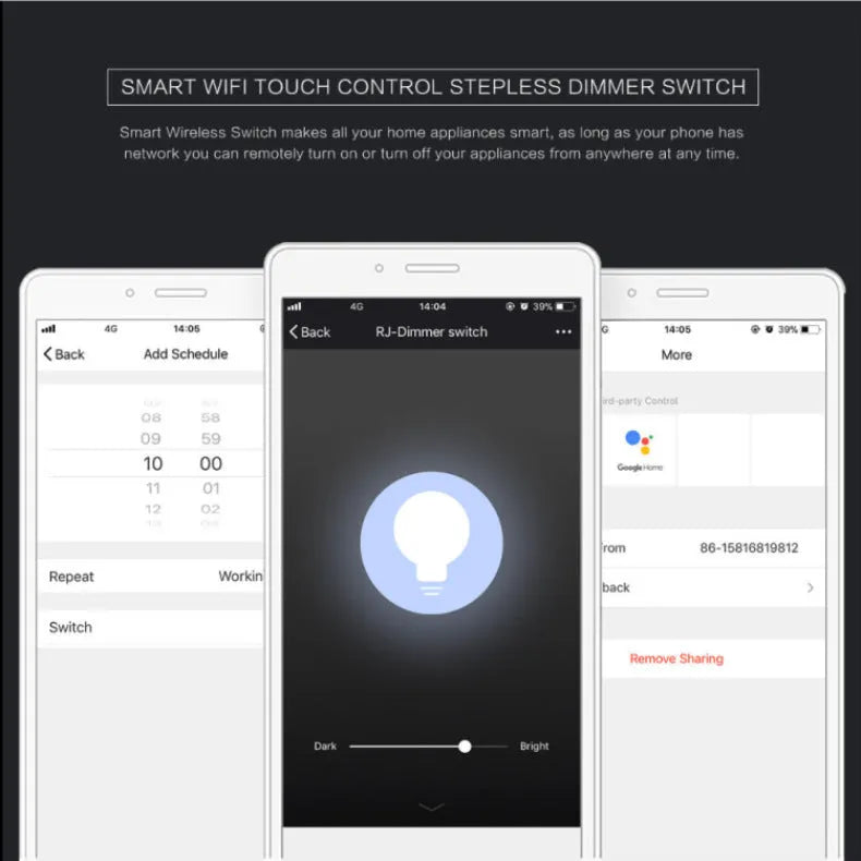 120 type smart wifi dimmer switch in black or white with tempered glass touch panel and plug options