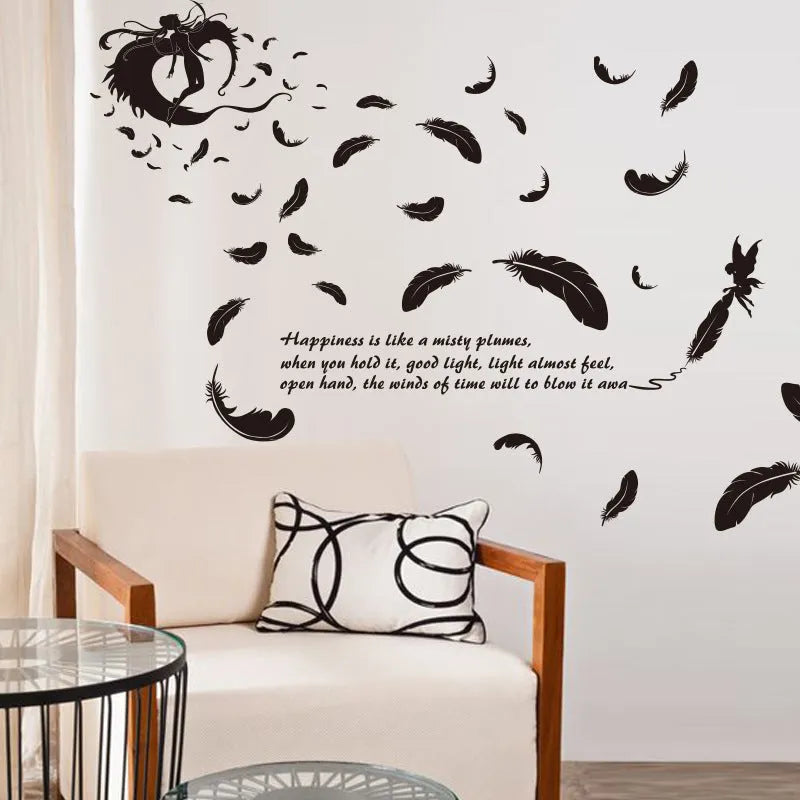 Black feather angel design removable wall sticker measuring 50cm by 70cm