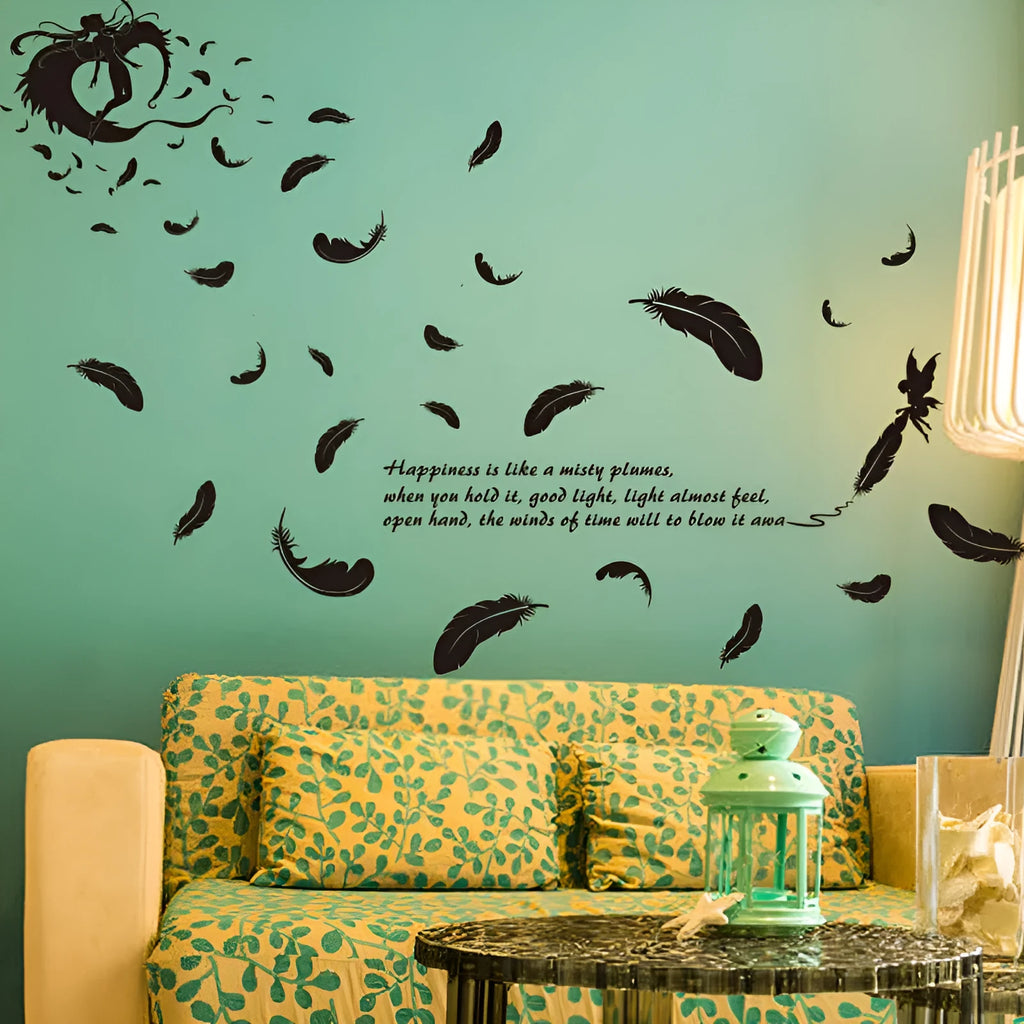 Black feather angel design removable wall sticker measuring 50cm by 70cm