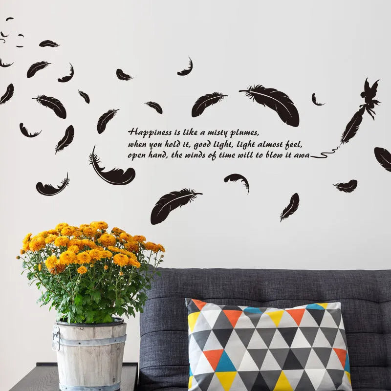 Black feather angel design removable wall sticker measuring 50cm by 70cm