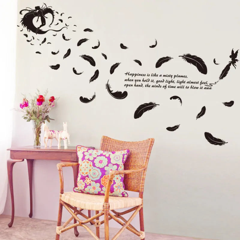 Black feather angel design removable wall sticker measuring 50cm by 70cm