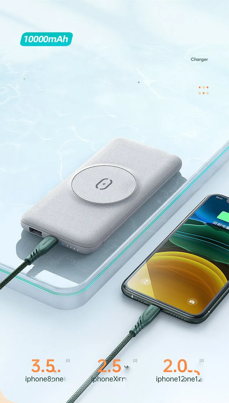 Maiduo Magsafe magnetic wireless power bank in mint green, showing back clip and compact size next to an iPhone.
