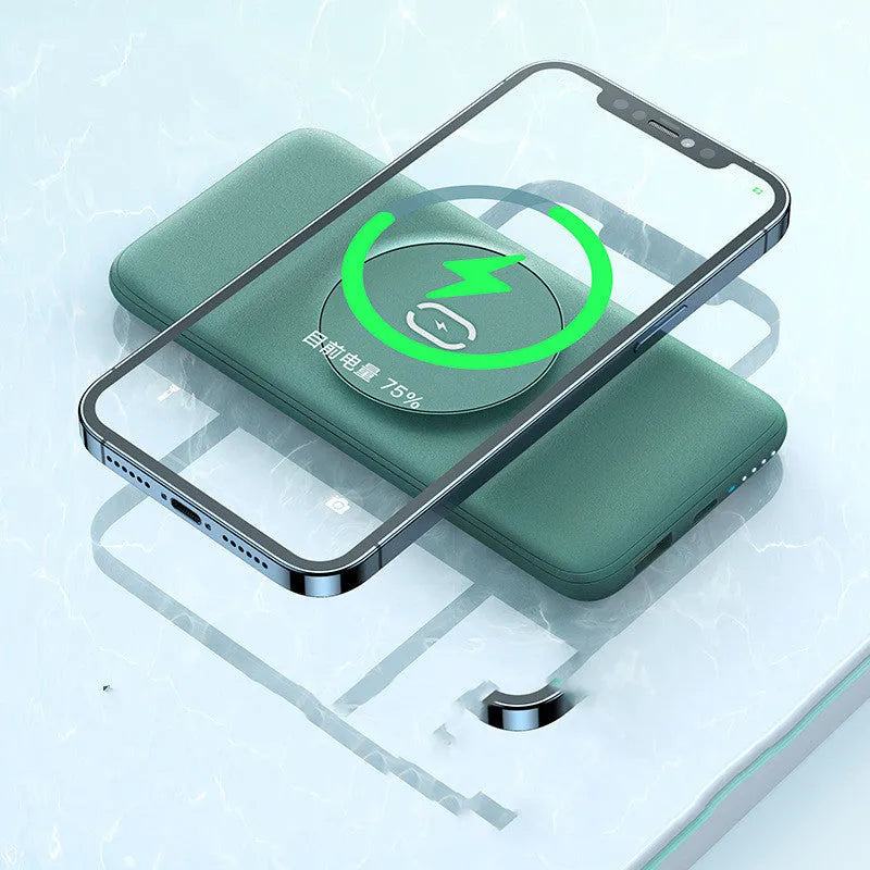 Maiduo Magsafe magnetic wireless power bank in mint green, showing back clip and compact size next to an iPhone.