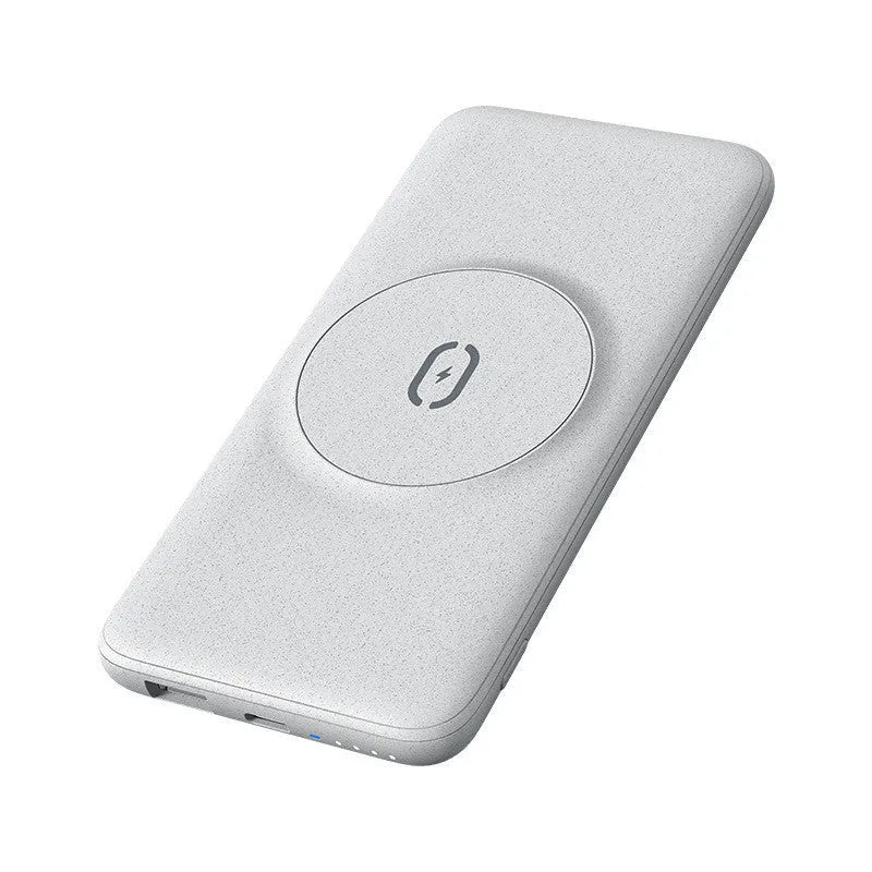 Maiduo Magsafe magnetic wireless power bank in mint green, showing back clip and compact size next to an iPhone.