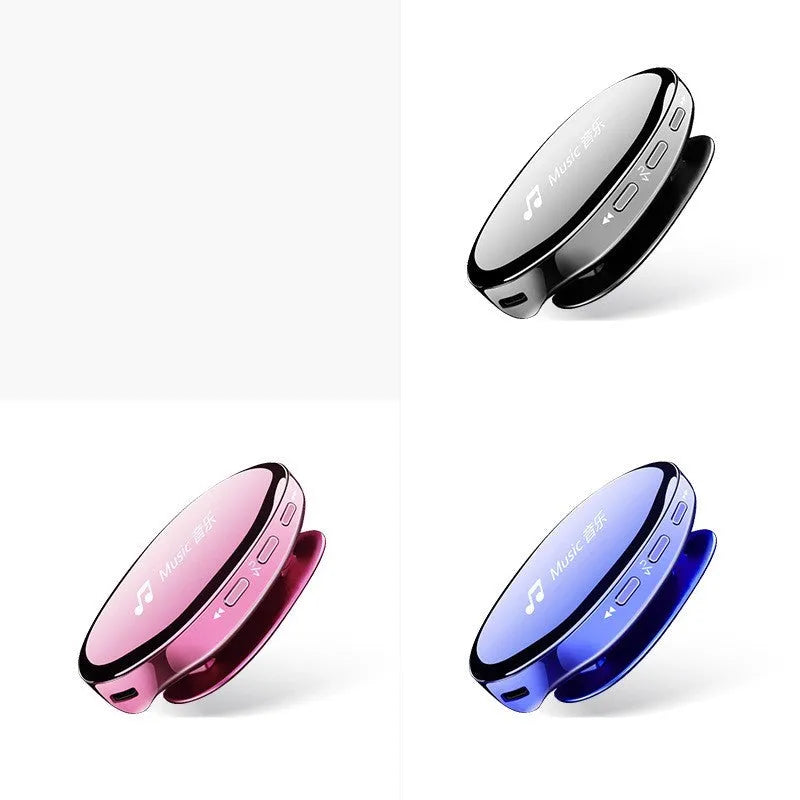 Blue Bluetooth MP4 music player with OLED screen showing track info, next to black and rose gold variants.