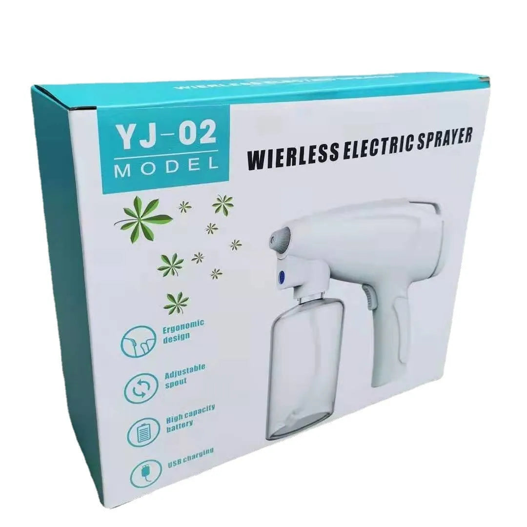 White handheld wireless electric spray gun for disinfection on a plain background.