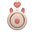 Mini bladeless neckband fan with hanging rope worn around neck, showing USB charging port and colour design options.