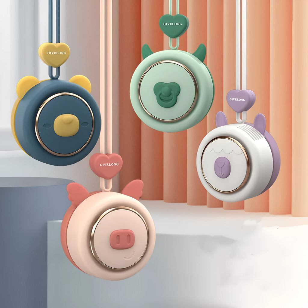 Mini bladeless neckband fan with hanging rope worn around neck, showing USB charging port and colour design options.