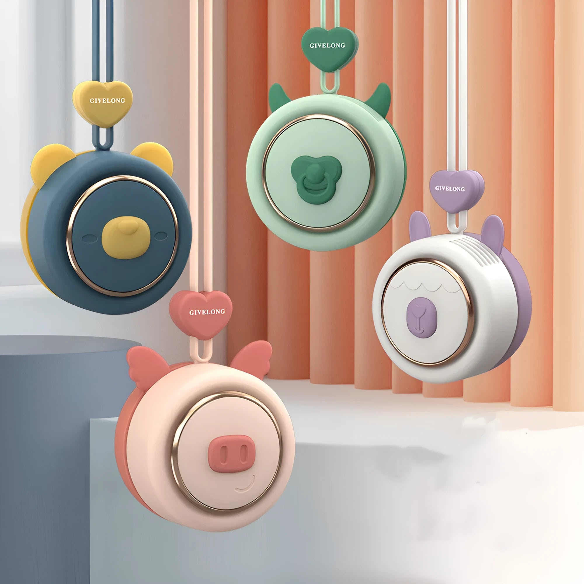 Mini bladeless neckband fan with hanging rope worn around neck, showing USB charging port and colour design options.