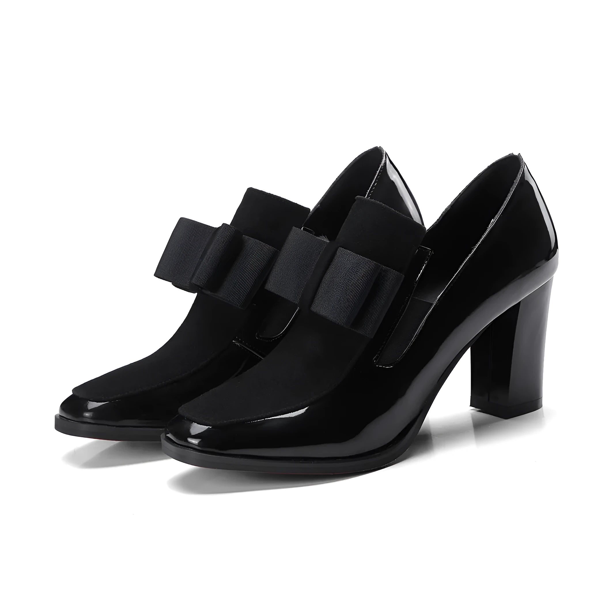 Black patent leather women's high heels with a thick heel and square toe