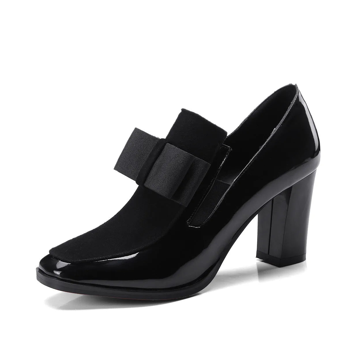 Black patent leather women's high heels with a thick heel and square toe