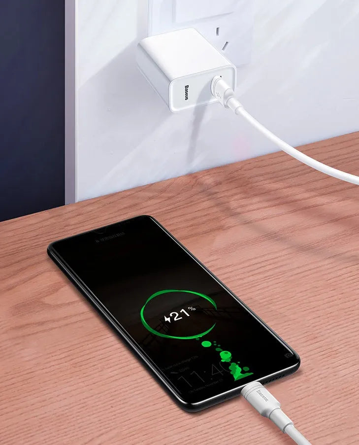 Baseus black and white Android fast charging cables with Micro USB connectors in 1 metre and 2 metre lengths.