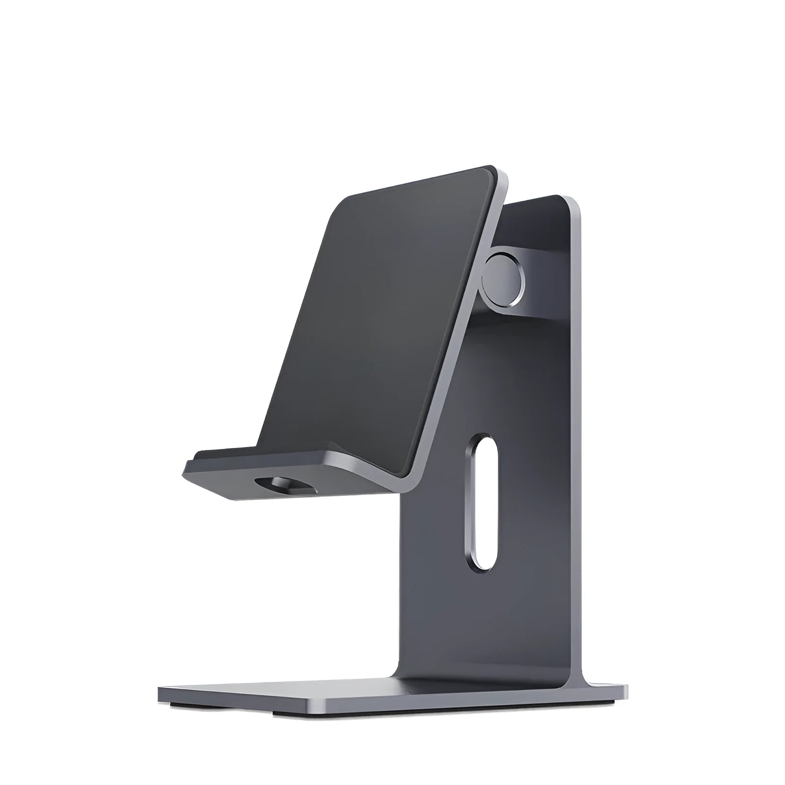 Alloy desktop mobile phone and tablet holder in dark gray or silver colour.