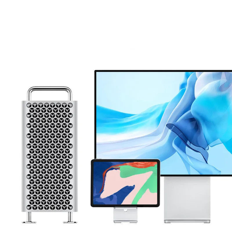 Alloy desktop mobile phone and tablet holder in dark gray or silver colour.