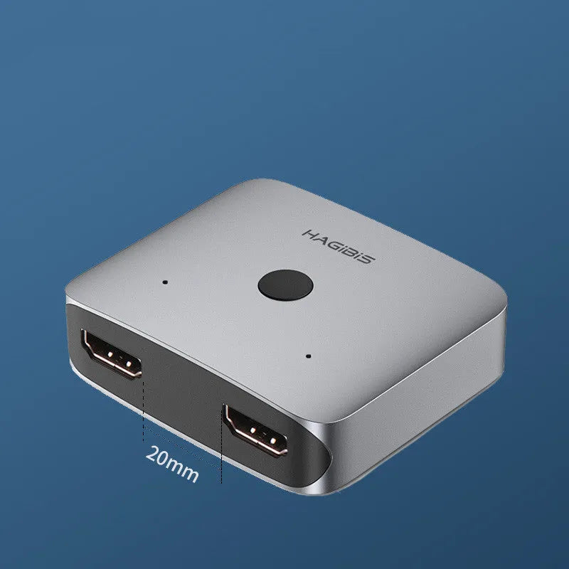 Haibeisi grey HDMI switcher device with two input ports and one output port for 4K signal sharing