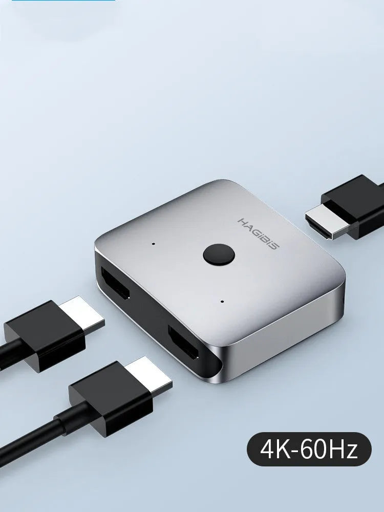 Haibeisi grey HDMI switcher device with two input ports and one output port for 4K signal sharing