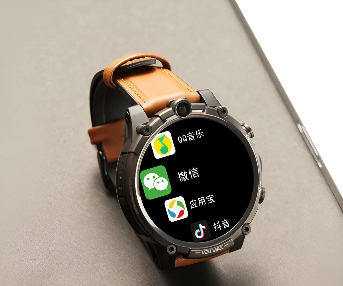 Black 4G smartwatch with a 1.6-inch screen on a wrist strap, showing a home screen interface.