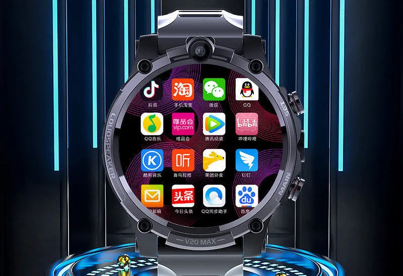 Black 4G smartwatch with a 1.6-inch screen on a wrist strap, showing a home screen interface.