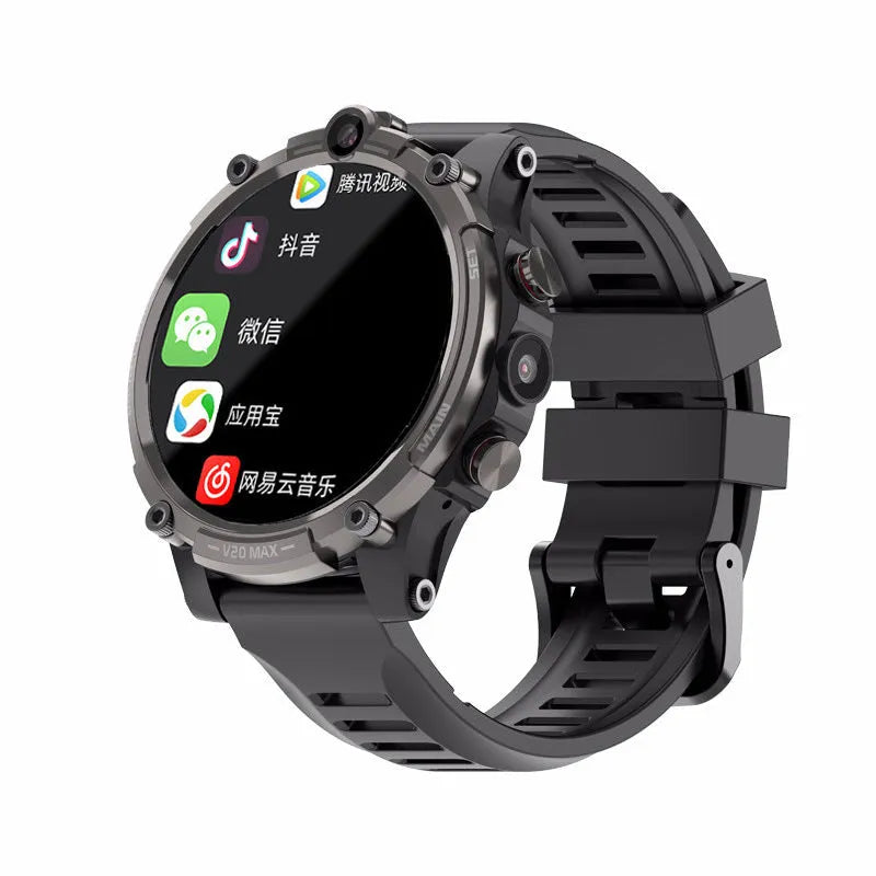 Black 4G smartwatch with a 1.6-inch screen on a wrist strap, showing a home screen interface.