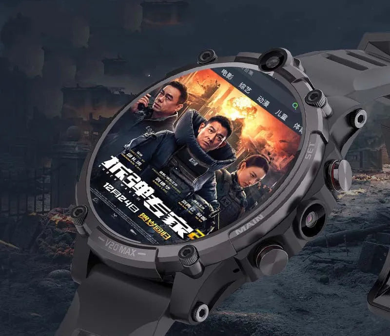 Black 4G smartwatch with a 1.6-inch screen on a wrist strap, showing a home screen interface.