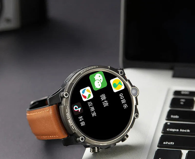 Black 4G smartwatch with a 1.6-inch screen on a wrist strap, showing a home screen interface.