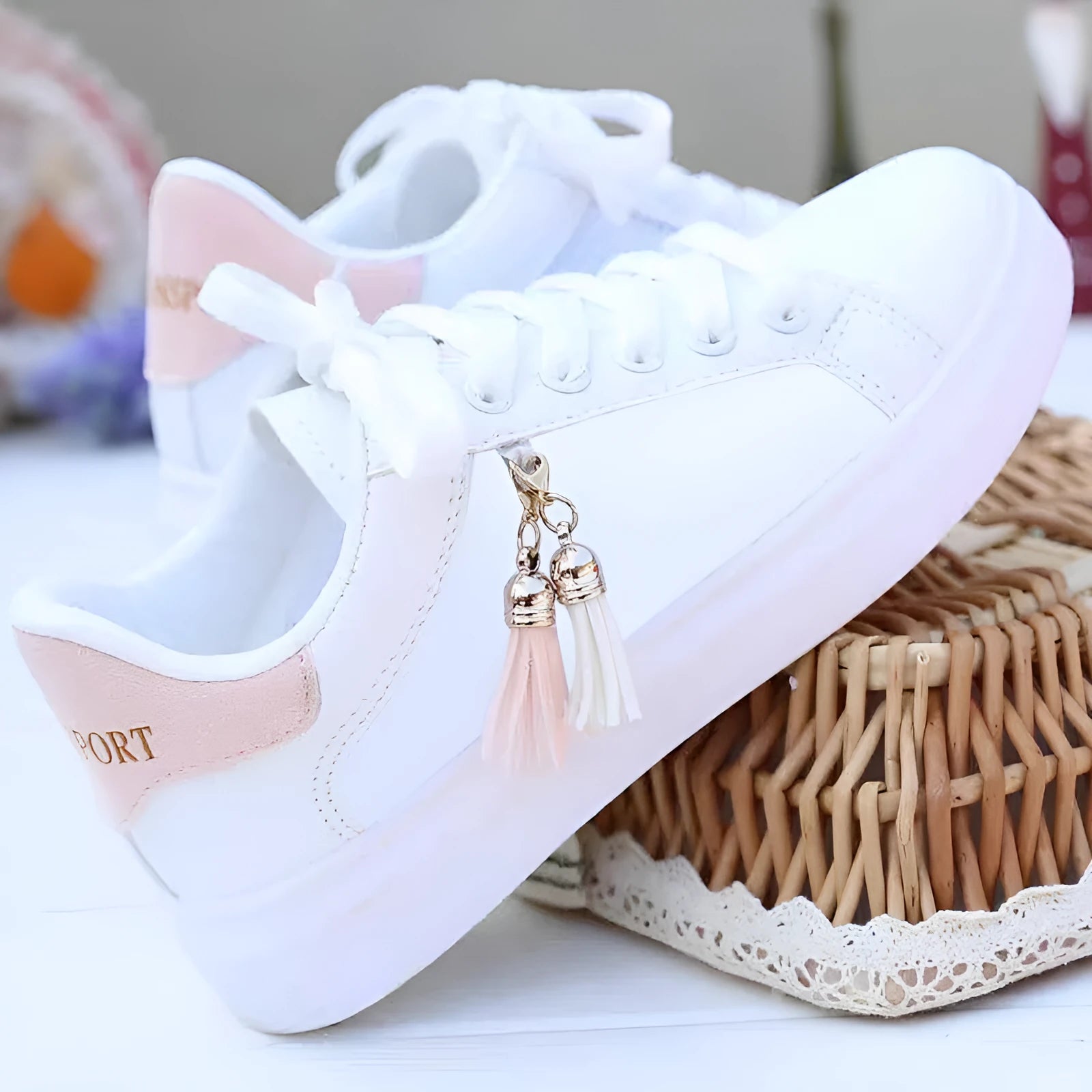 Women's white mesh fashion sneakers with flat rubber sole showing breathable construction