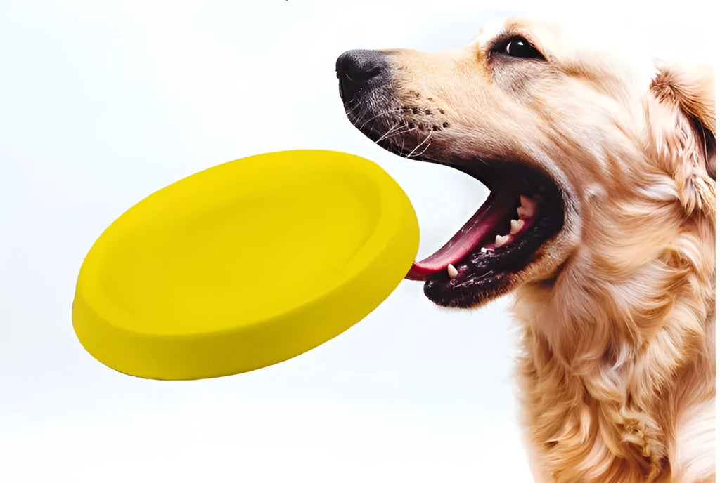 Yellow EVA plastic throwing toy for dogs on green grass