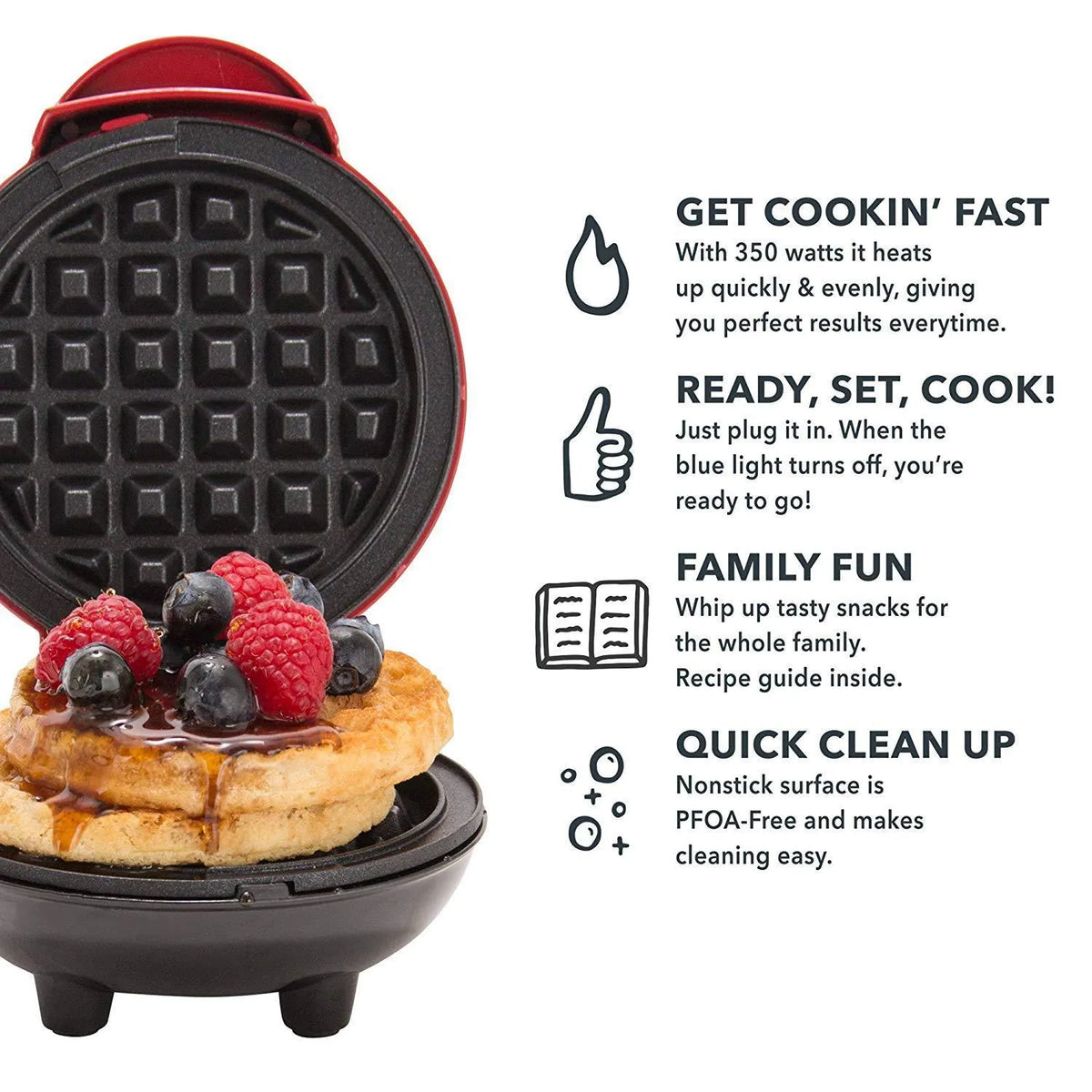 Red mini waffle maker, 350W, 16.5 x 8.5 x 12.5cm, with 75cm cable and EU, UK or US plug option