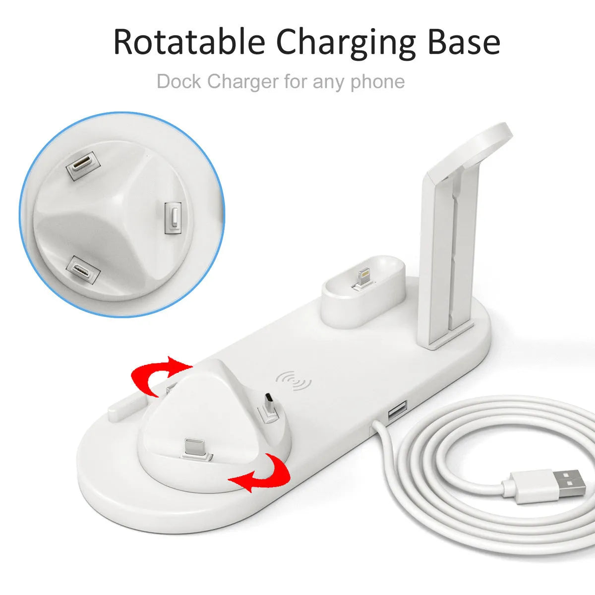 Black three-in-one wireless charging bracket holding a smartwatch, headphones, and an iPhone.