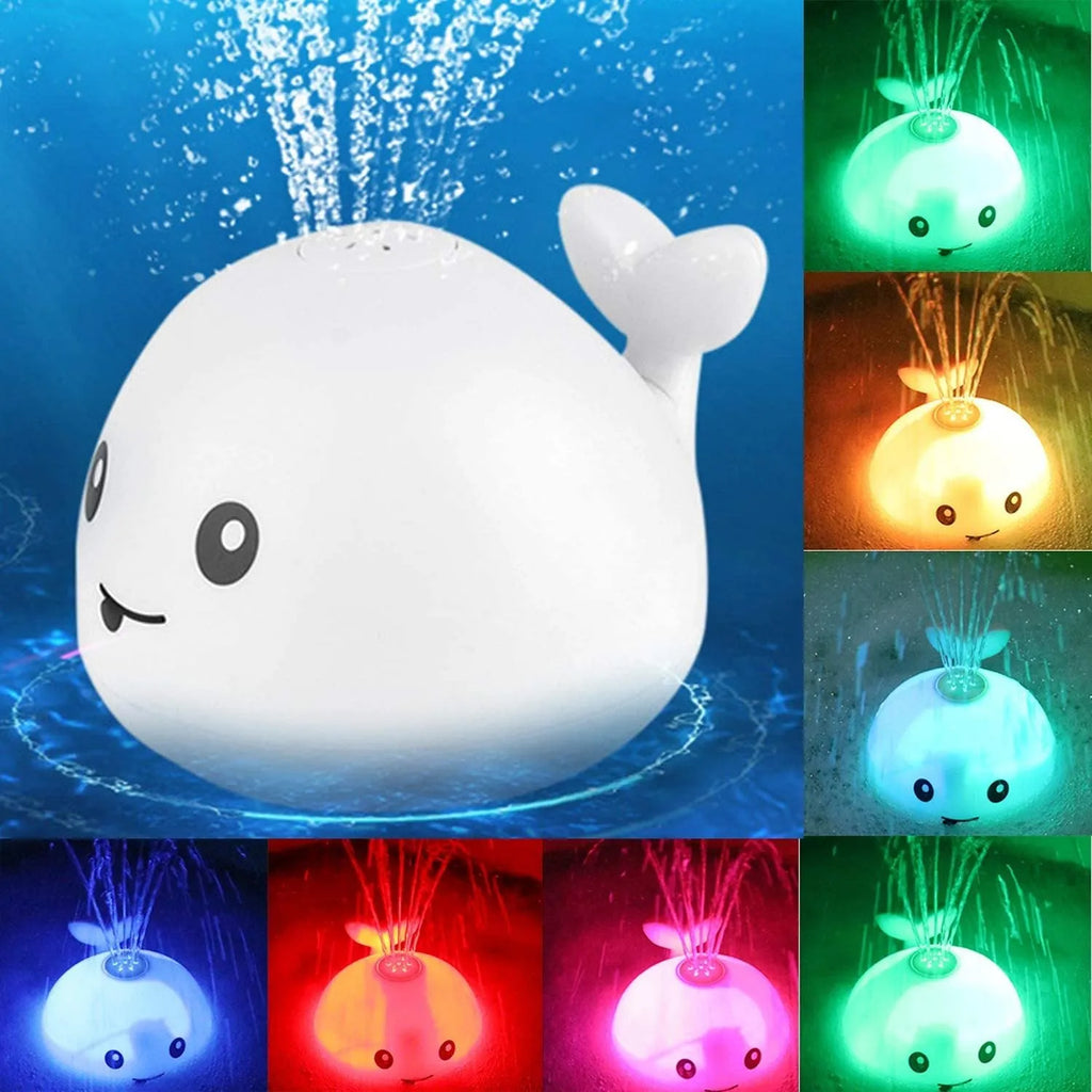 Whale-shaped bath toy with water spray feature and LED lights for baby bath time sensory play