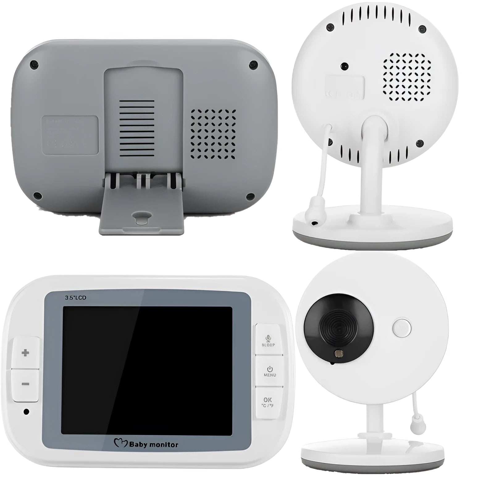 White 3.5 inch digital wireless baby monitor with night vision camera and temperature sensor for nursery safety