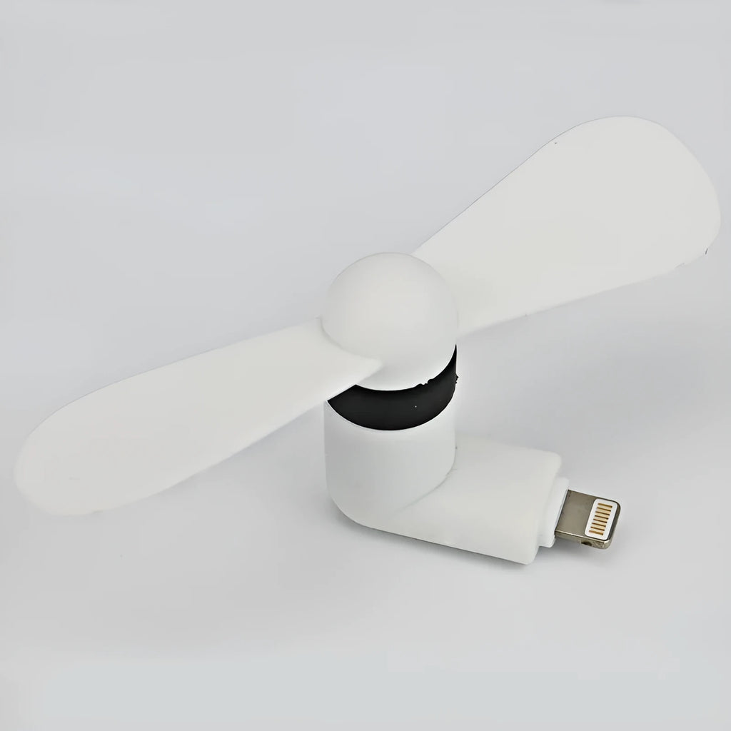White portable mobile phone mini fan with plastic blades and rotary switch, compatible with Apple and Android smartphones