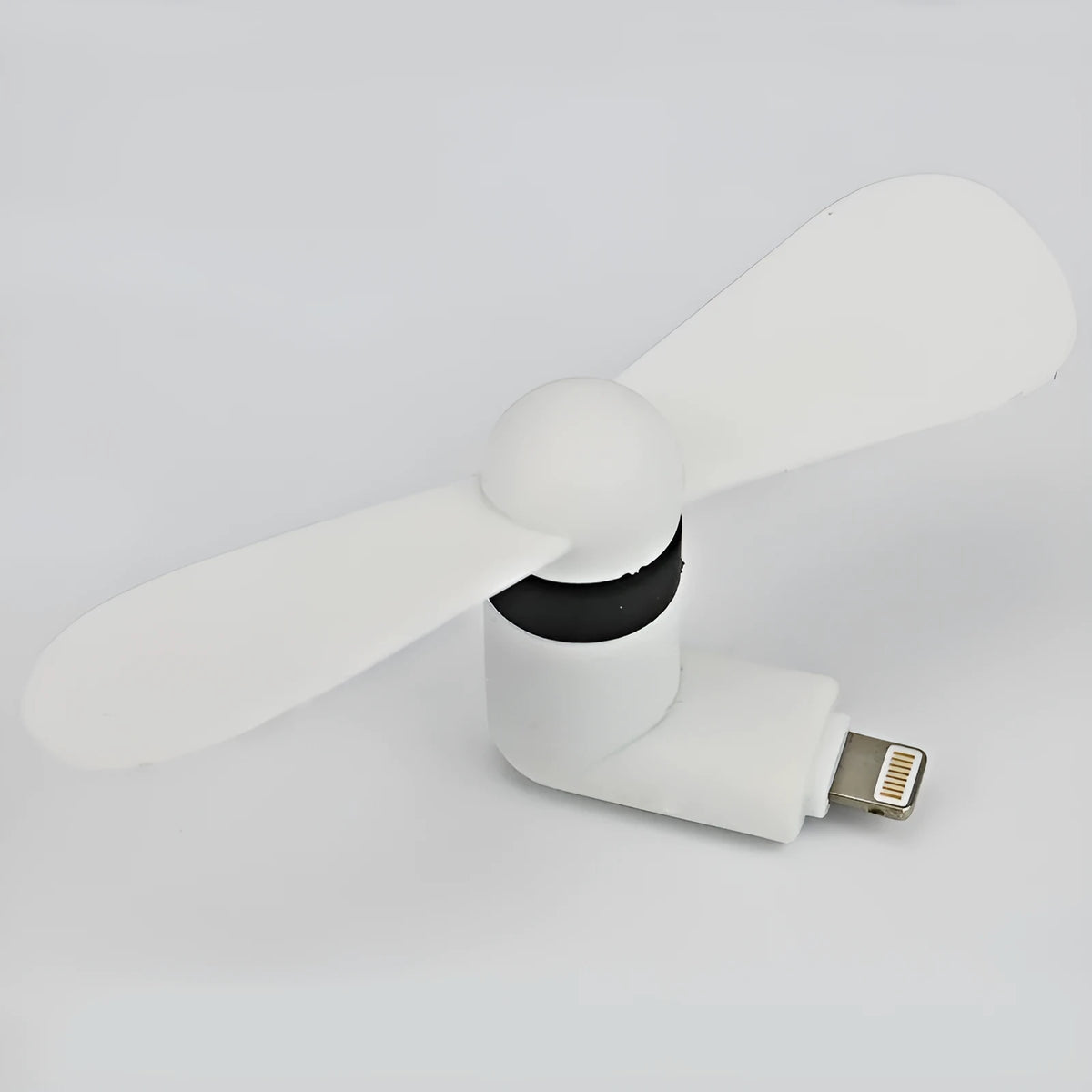 White portable mobile phone mini fan with plastic blades and rotary switch, compatible with Apple and Android smartphones