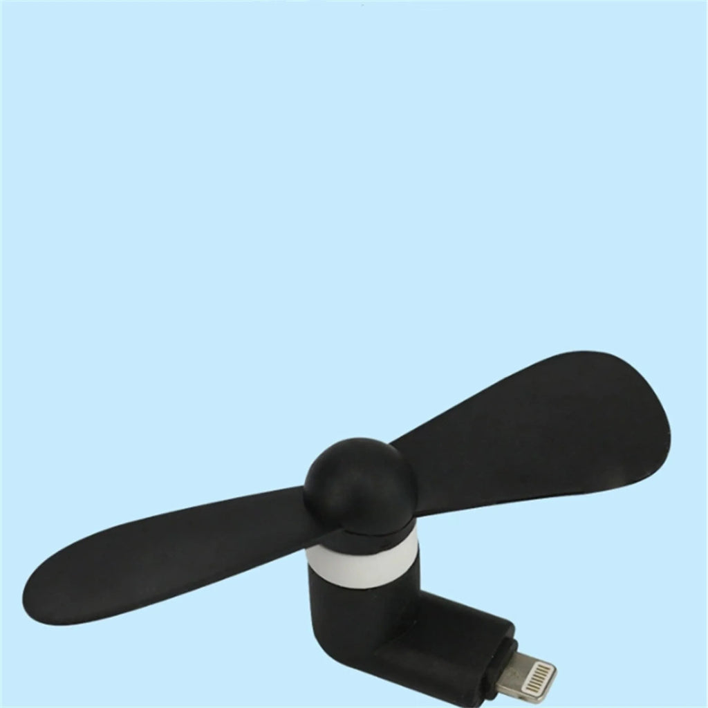 White portable mobile phone mini fan with plastic blades and rotary switch, compatible with Apple and Android smartphones