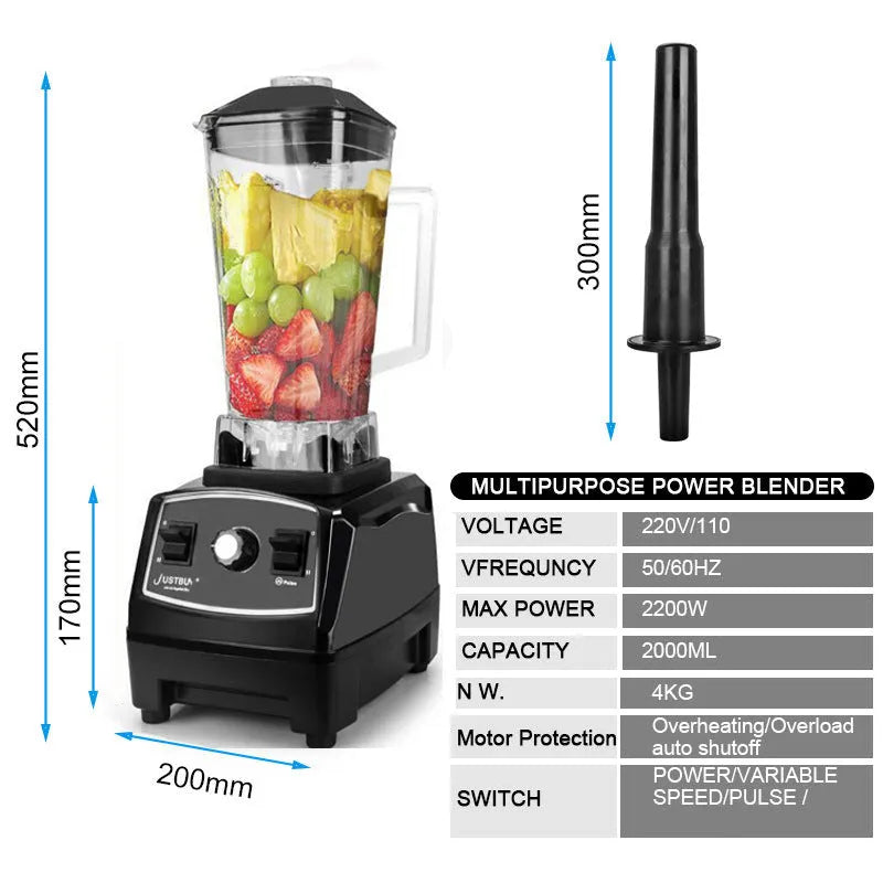 Black or red high-power 2200W kitchen blender with 2 litre jar and control panel.