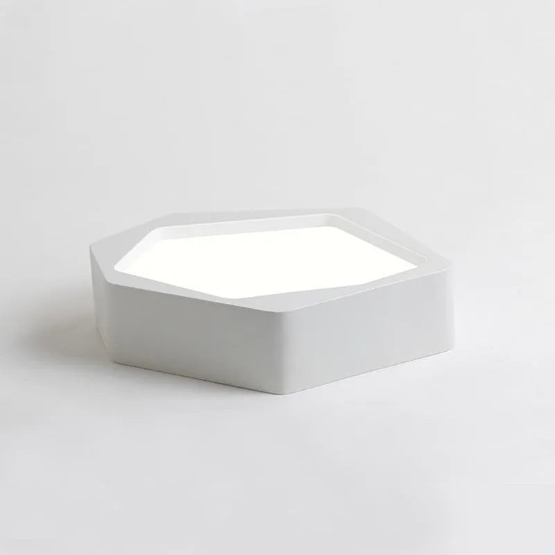 Geometric shaped LED light fixture with iron shade in black or white frame options