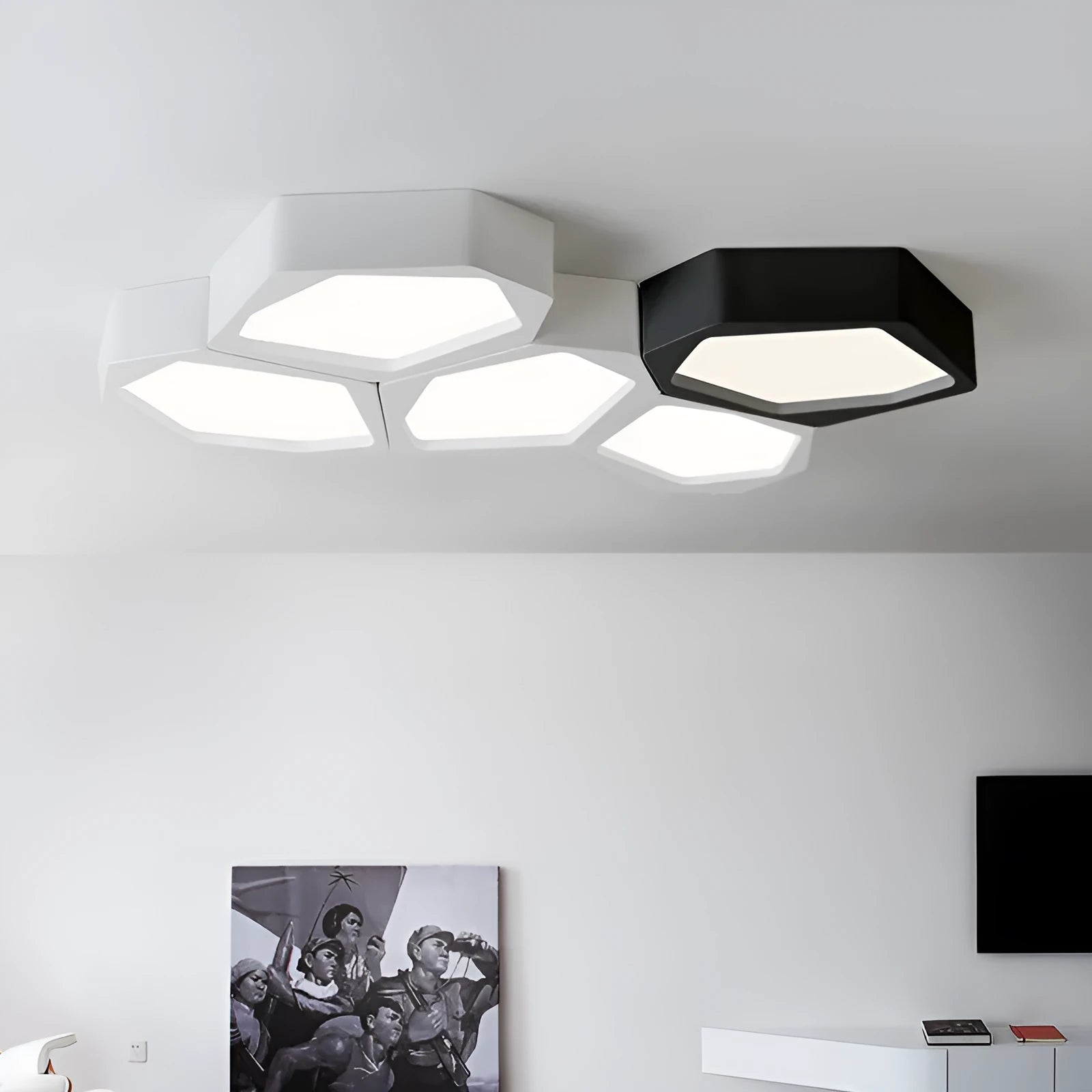 Geometric shaped LED light fixture with iron shade in black or white frame options
