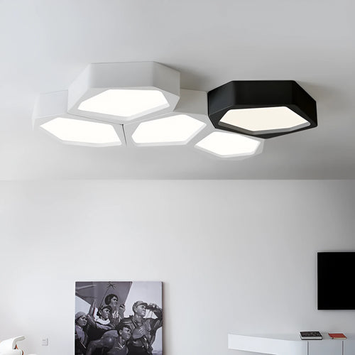 Geometric shaped LED light fixture with iron shade in black or white frame options