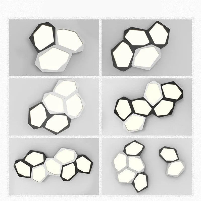 Geometric shaped LED light fixture with iron shade in black or white frame options
