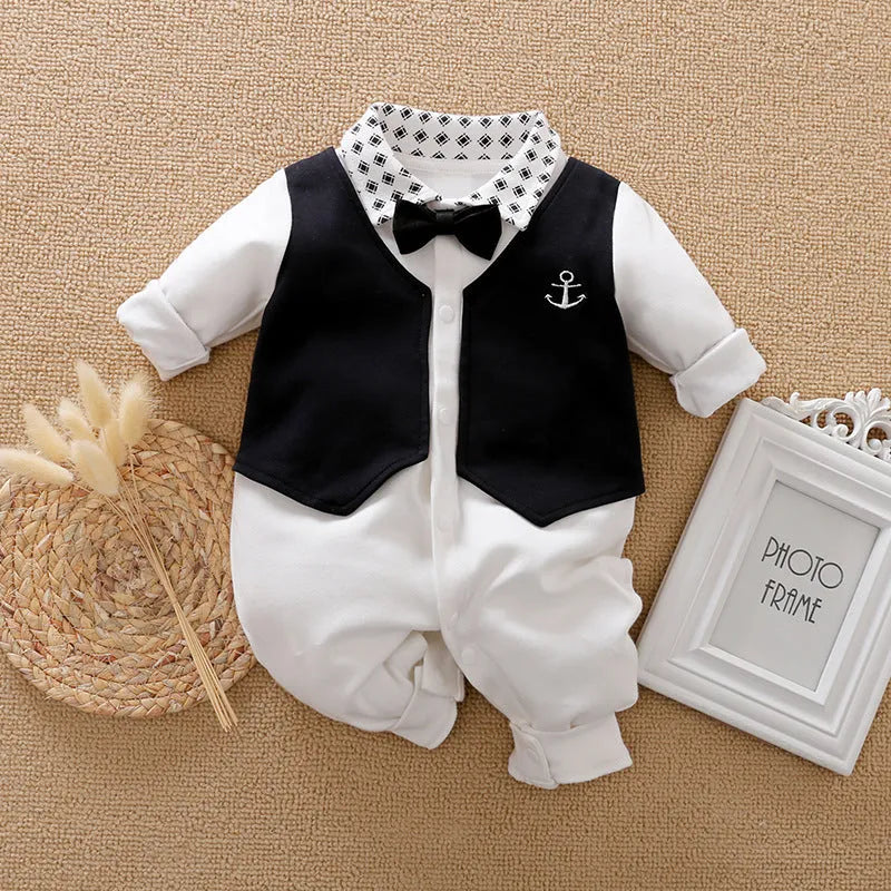 Gentleman-style baby jumpsuit in cotton with long sleeves for spring and autumn wear