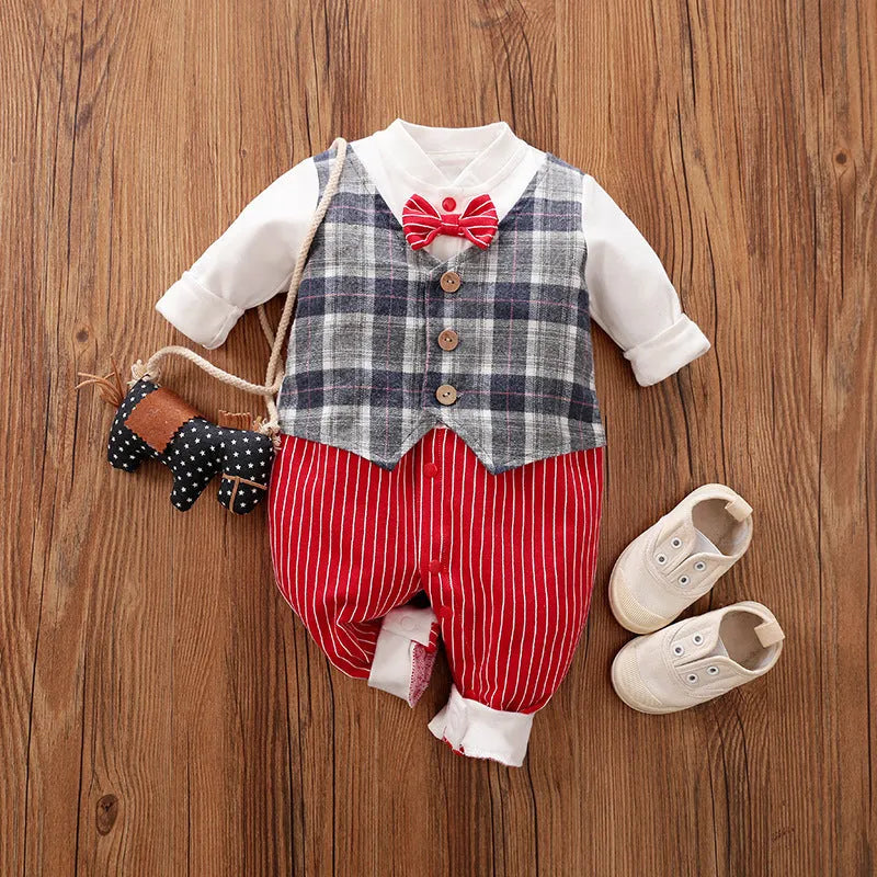 Gentleman-style baby jumpsuit in cotton with long sleeves for spring and autumn wear