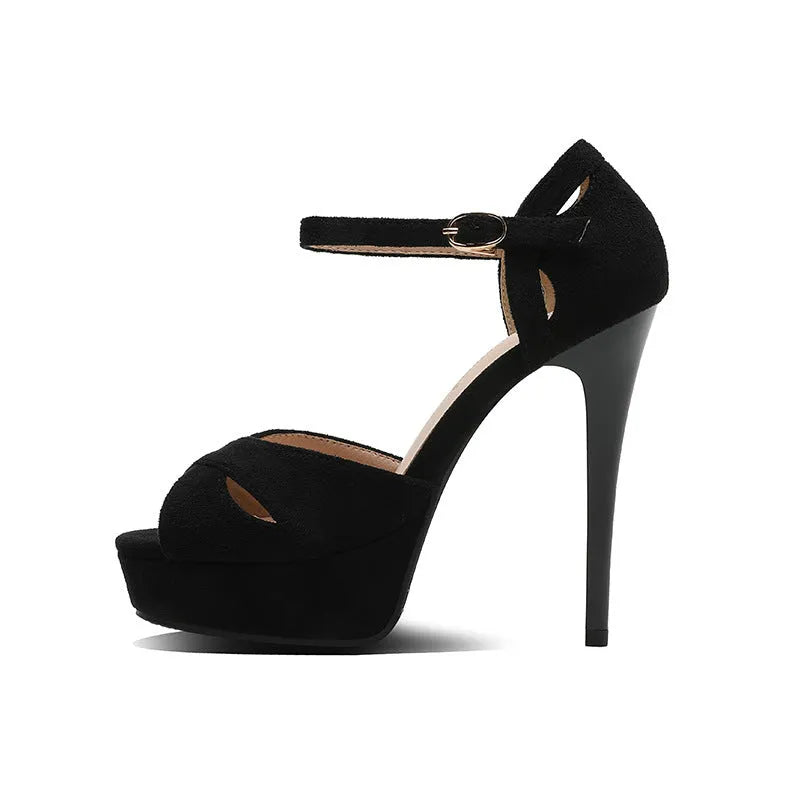 Black suede women's high heel sandals with a fish mouth toe and Roman-style platform design.