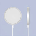 Metal magnetic wireless charger for iPhone 12 and 13 series in silver, black, blue, or red colours with USB cable