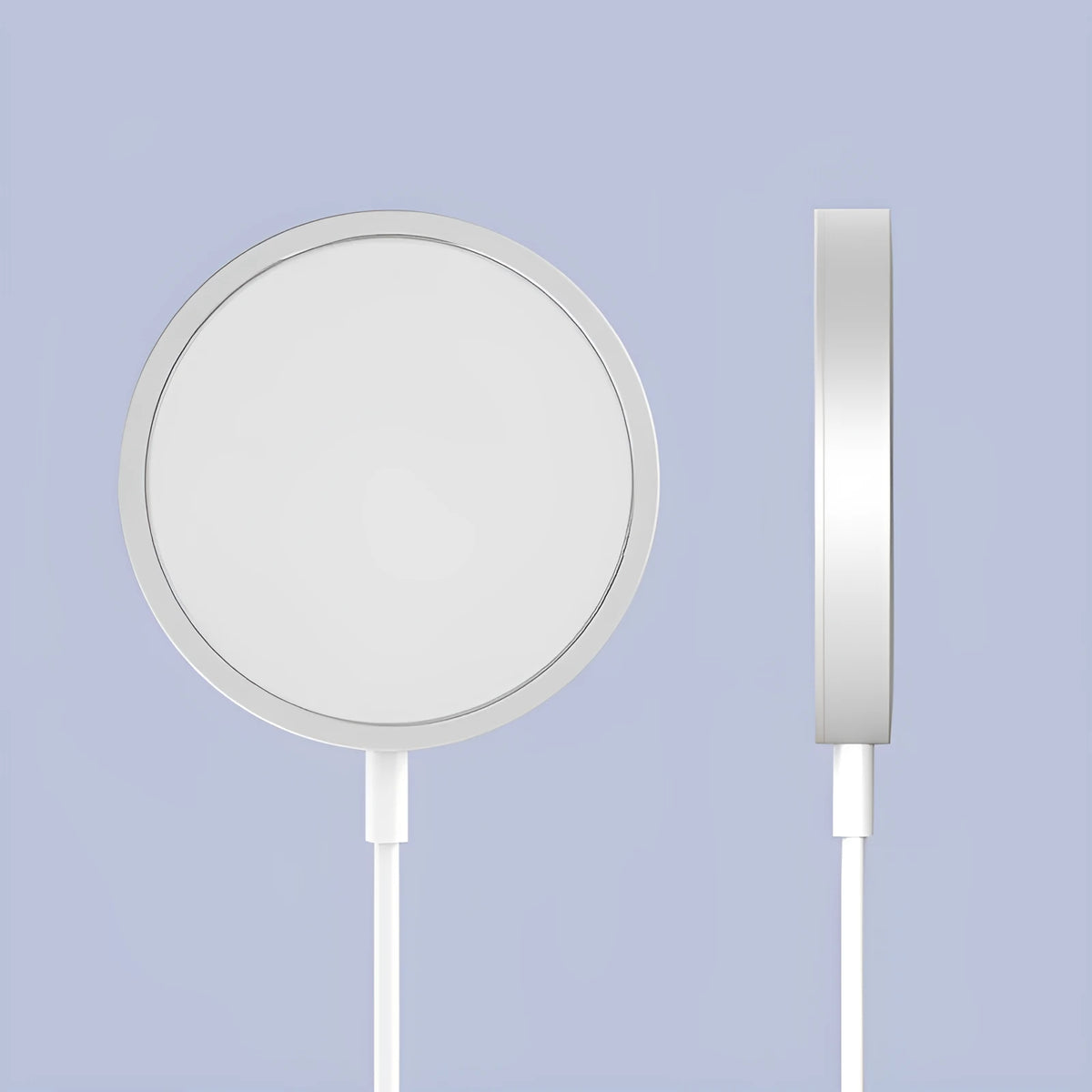 Metal magnetic wireless charger for iPhone 12 and 13 series in silver, black, blue, or red colours with USB cable